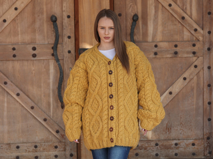 Alpaca Cardigan, Hand Knit Cable Sweater, Mustard Button Front, Chunky 18 Strand T2209