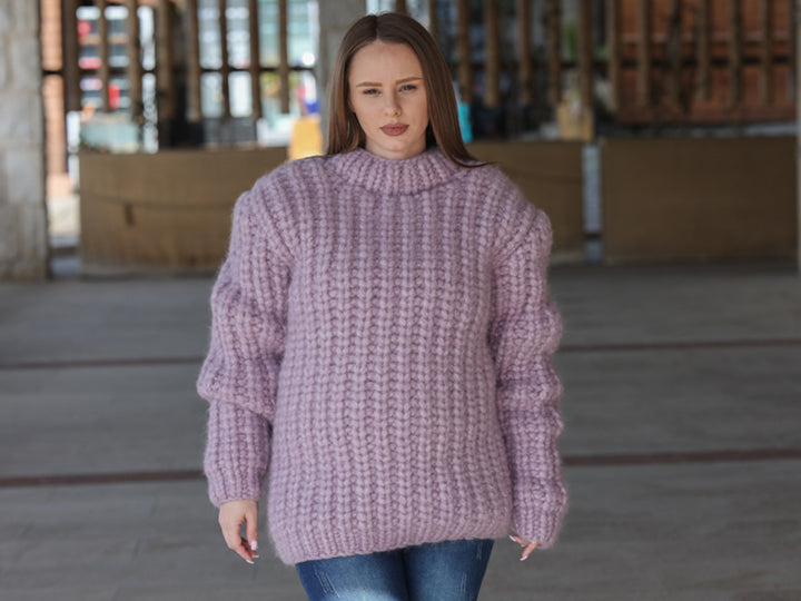 Purple Alpaca Sweater, 30 Strand English Rib Knit, Hand Knitted Fluffy Texture T2220