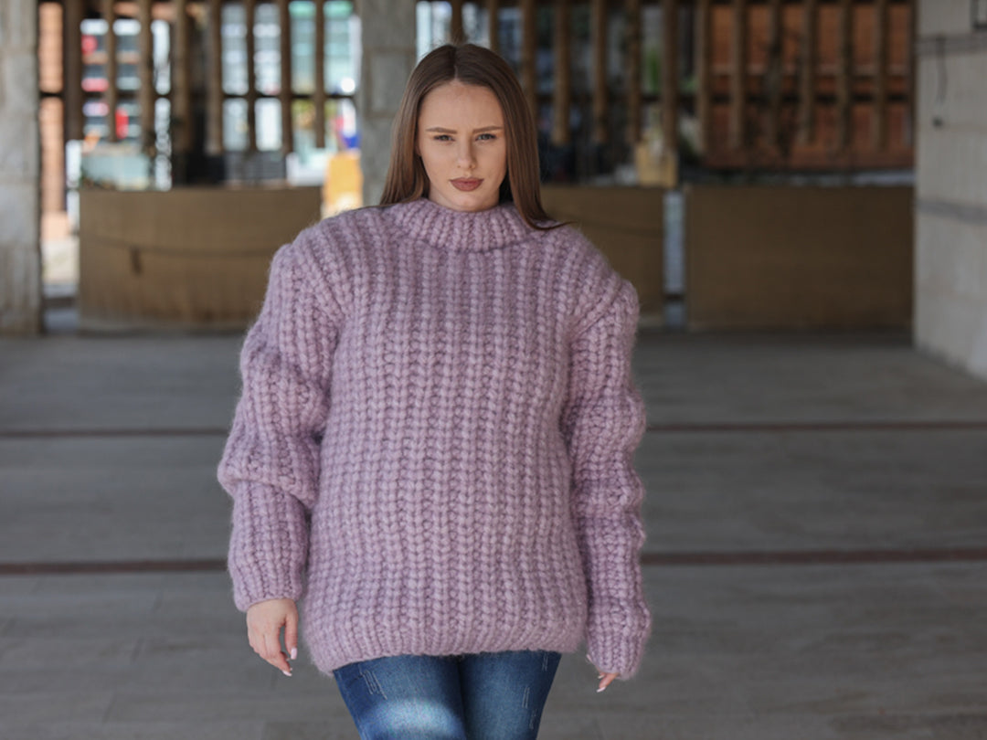 Purple Alpaca Sweater, 30 Strand English Rib Knit, Hand Knitted Fluffy Texture T2220