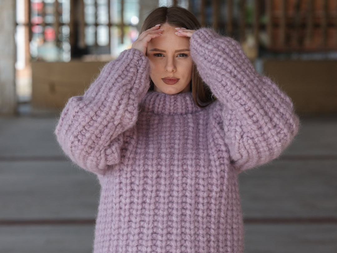 Purple Alpaca Sweater, 30 Strand English Rib Knit, Hand Knitted Fluffy Texture T2220