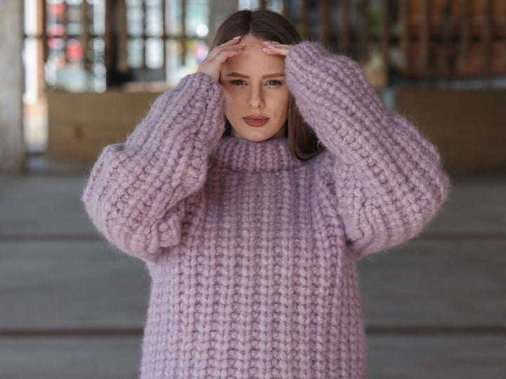 Purple Alpaca Sweater, 30 Strand English Rib Knit, Hand Knitted Fluffy Texture T2220