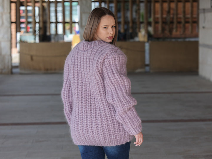 Purple Alpaca Sweater, 30 Strand English Rib Knit, Hand Knitted Fluffy Texture T2220