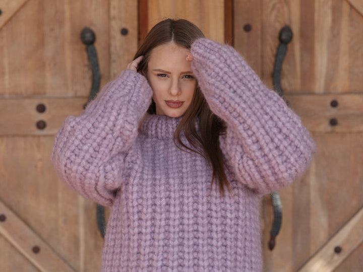 Purple Alpaca Sweater, 30 Strand English Rib Knit, Hand Knitted Fluffy Texture T2220