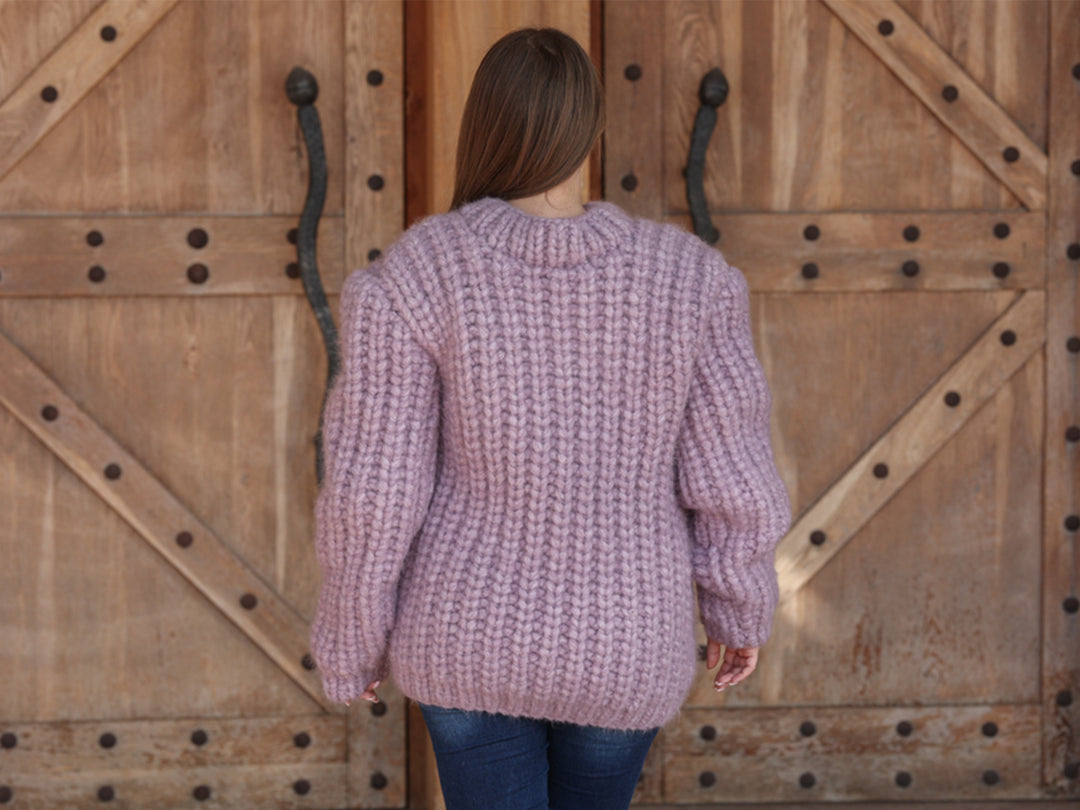 Purple Alpaca Sweater, 30 Strand English Rib Knit, Hand Knitted Fluffy Texture T2220