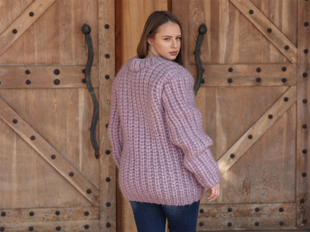 Purple Alpaca Sweater, 30 Strand English Rib Knit, Hand Knitted Fluffy Texture T2220