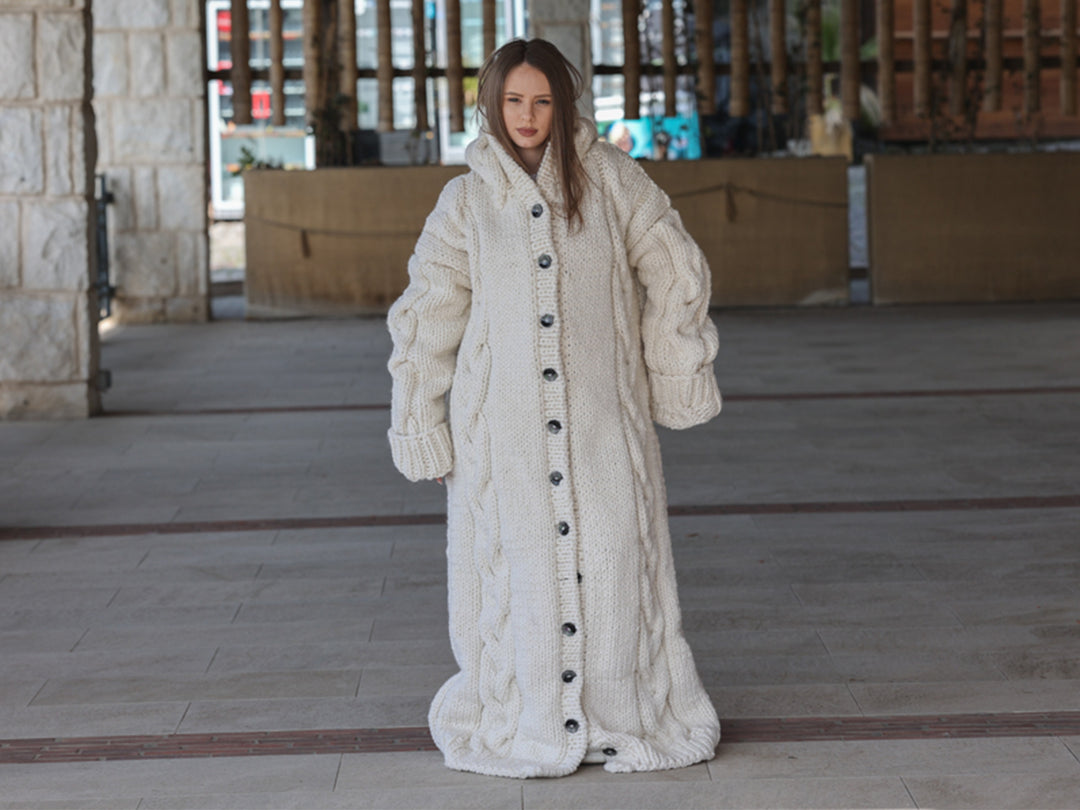Long Wool Cardigan, Cable Knit Duster, Hand Knit Button Front T2207