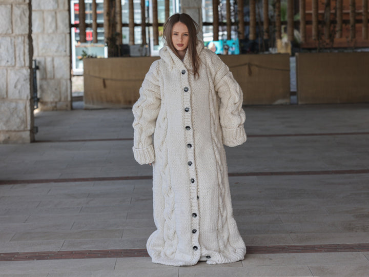 Long Wool Cardigan, Cable Knit Duster, Hand Knit Button Front T2207