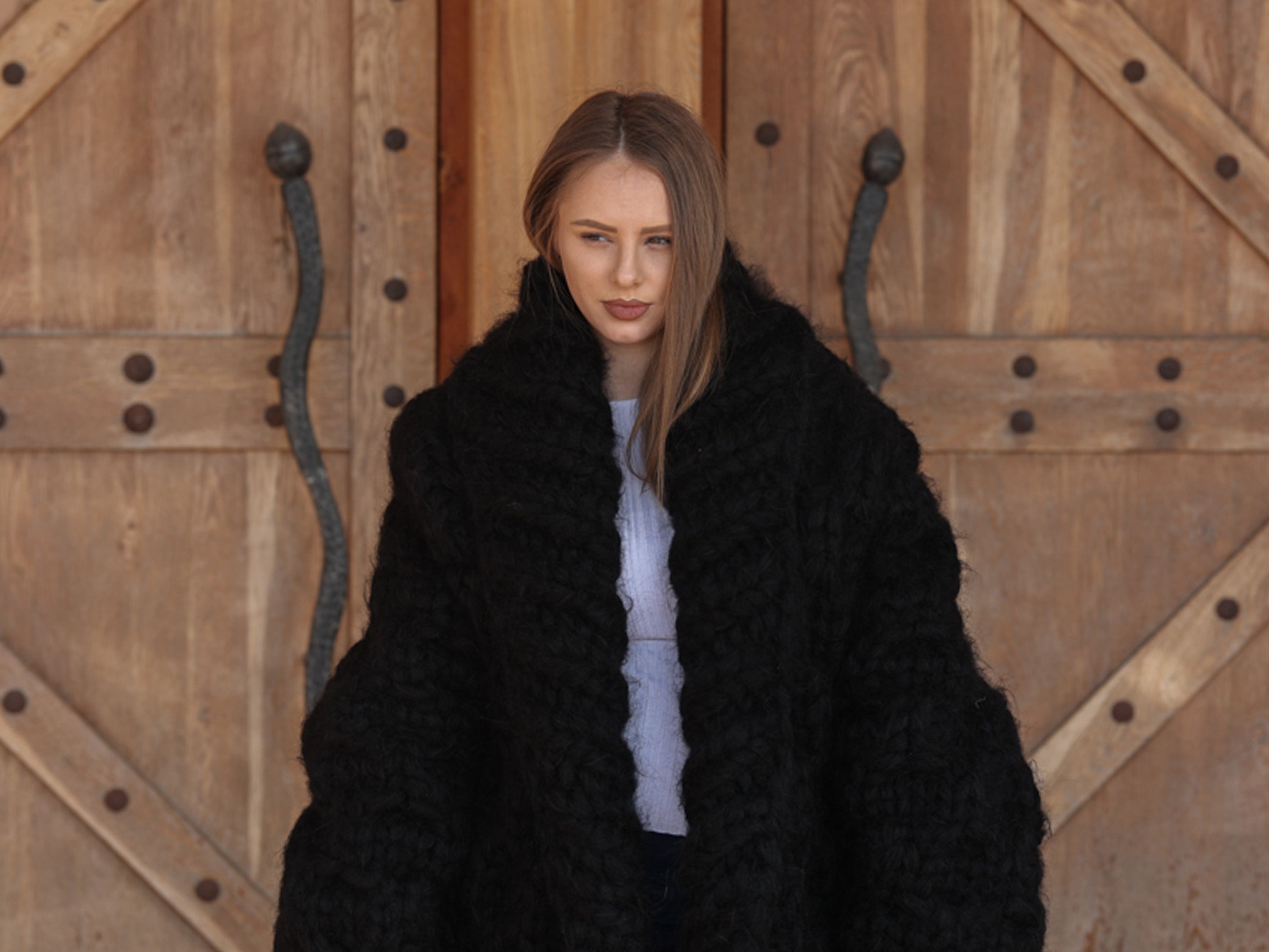 25-Strand Mohair Cardigan with Oversized Collar and Honeycomb Knit