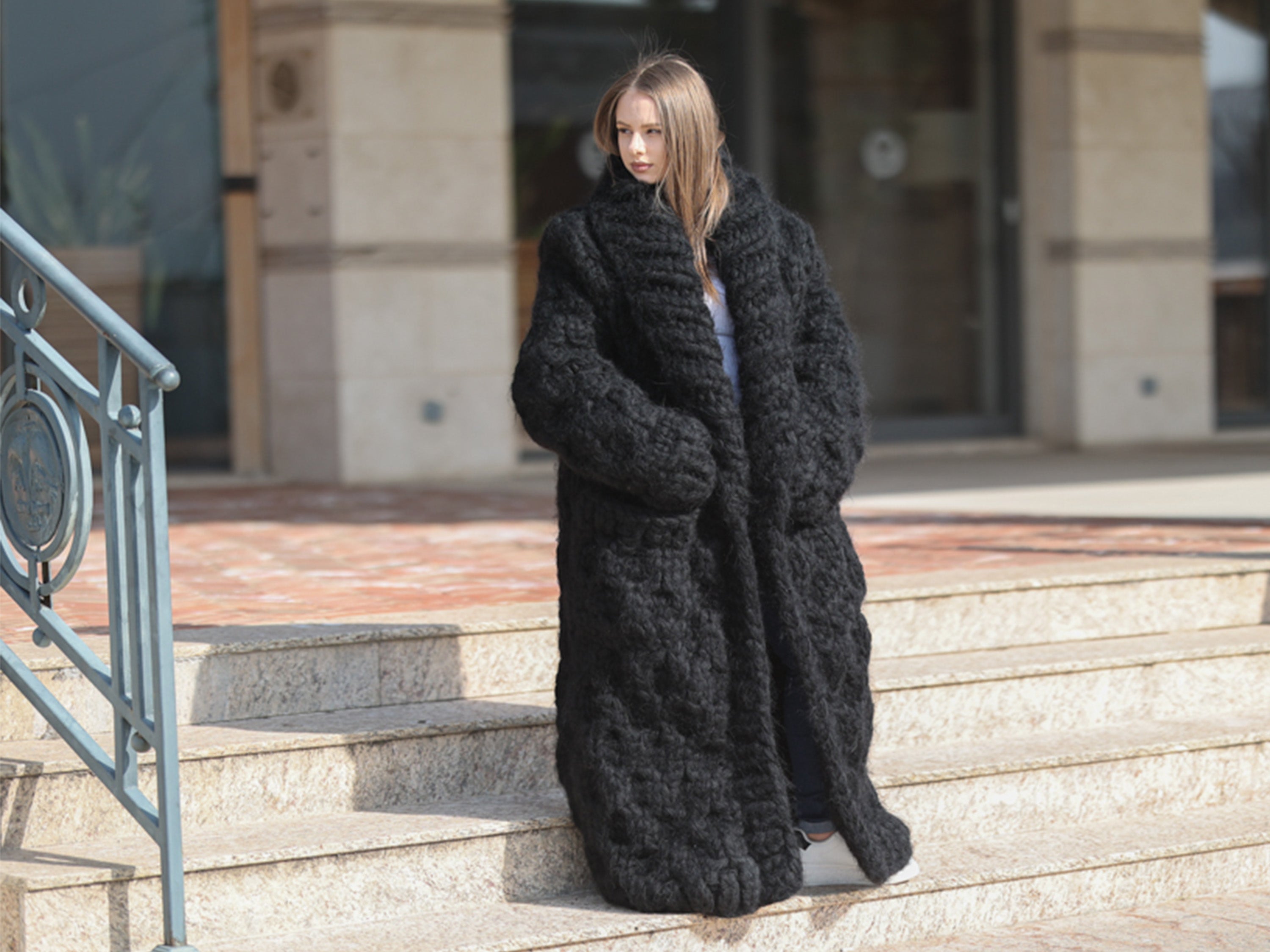 25-Strand Mohair Cardigan with Oversized Collar and Honeycomb Knit