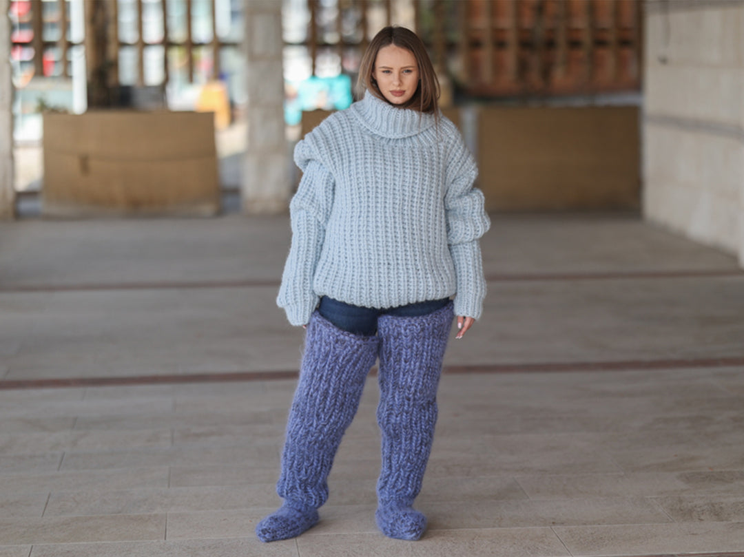 Long Chunky Knit Socks, Over Knee Mohair Wool Leg Warmers   T2204