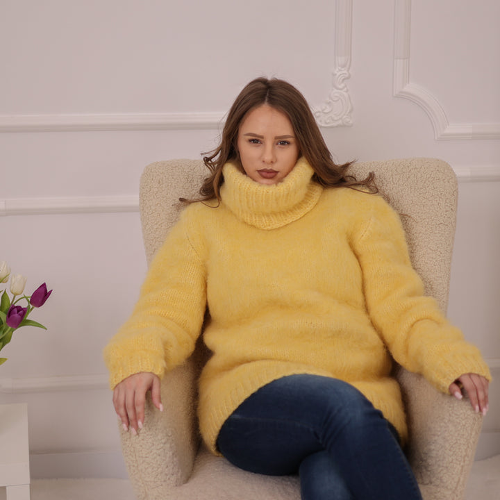 Yellow Alpaca Sweater, 12 Strand Brushed Knit, Hand Knitted Turtleneck Pullover T2226