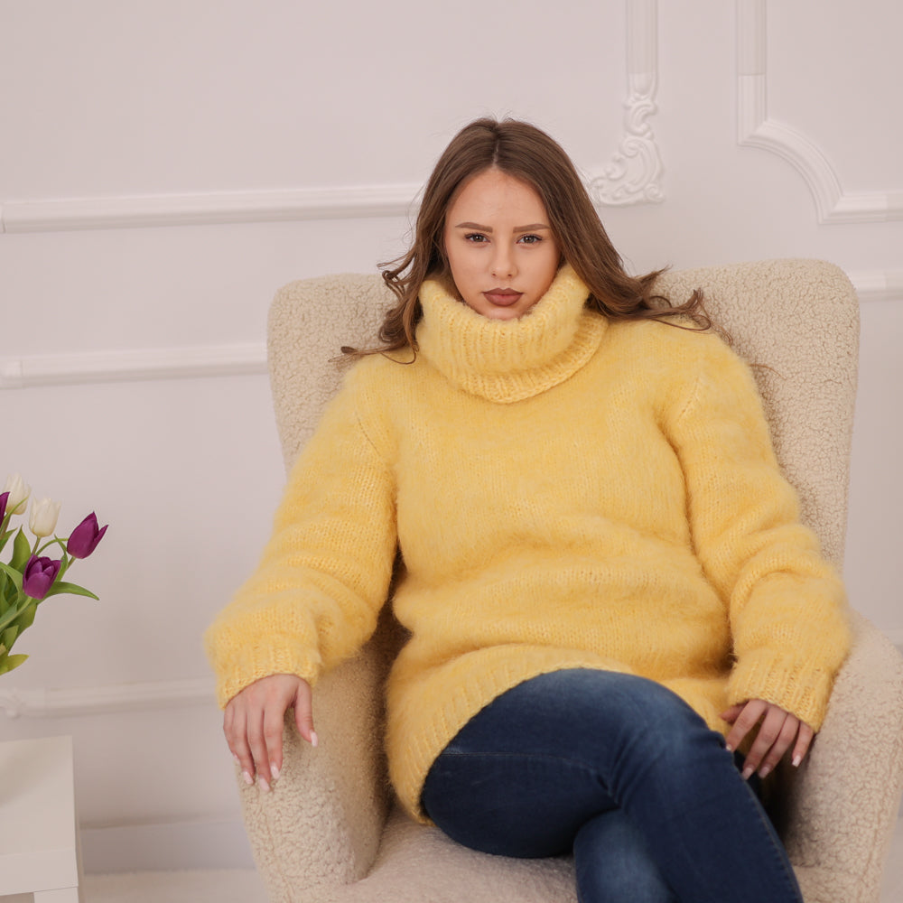 One available in size 3XL, Yellow Alpaca Sweater, 12 Strand Brushed Knit, Hand Knitted Turtleneck Pullover T2226