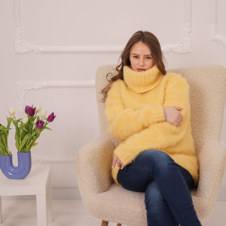 Yellow Alpaca Sweater, 12 Strand Brushed Knit, Hand Knitted Turtleneck Pullover T2226