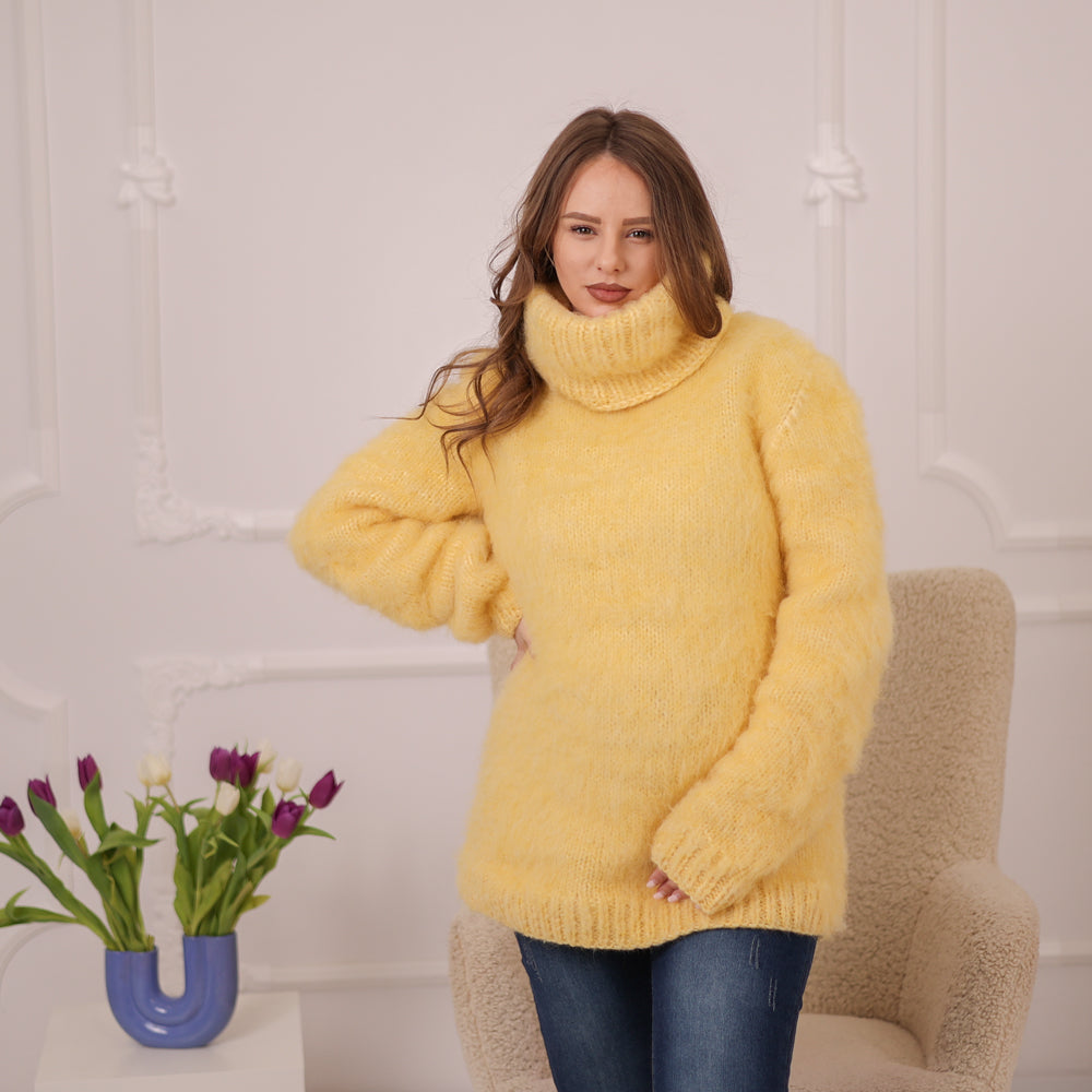 Yellow Alpaca Sweater, 12 Strand Brushed Knit, Hand Knitted Turtleneck Pullover T2226
