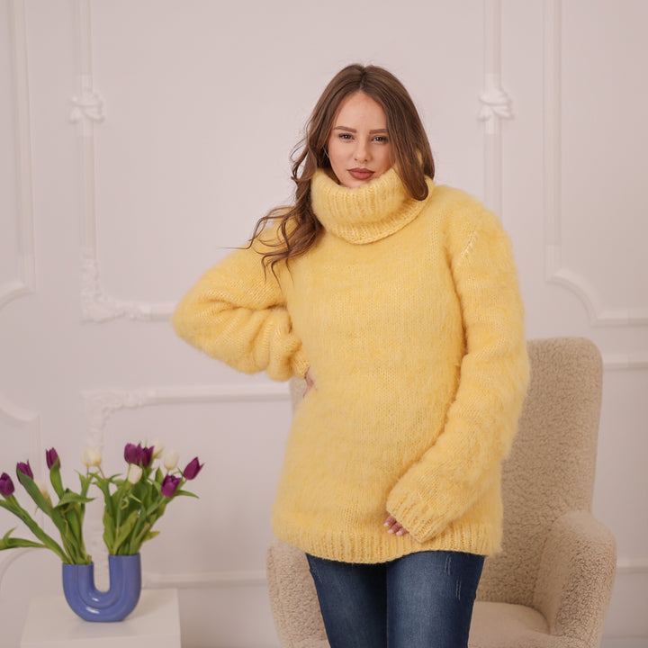 One available in size 3XL, Yellow Alpaca Sweater, 12 Strand Brushed Knit, Hand Knitted Turtleneck Pullover T2226