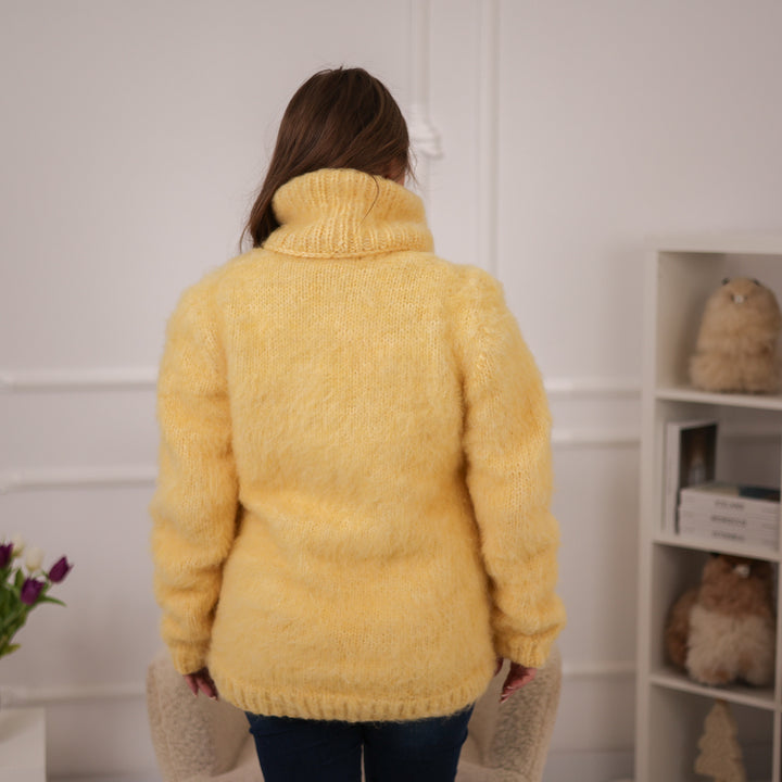 Yellow Alpaca Sweater, 12 Strand Brushed Knit, Hand Knitted Turtleneck Pullover T2226