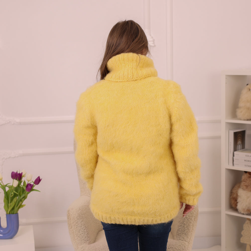 Yellow Alpaca Sweater, 12 Strand Brushed Knit, Hand Knitted Turtleneck Pullover T2226