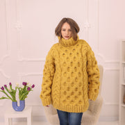Gelber Alpaka-Pullover, 18-fädiges Wabenmuster, grob gestrickter Rollkragenpullover T2227