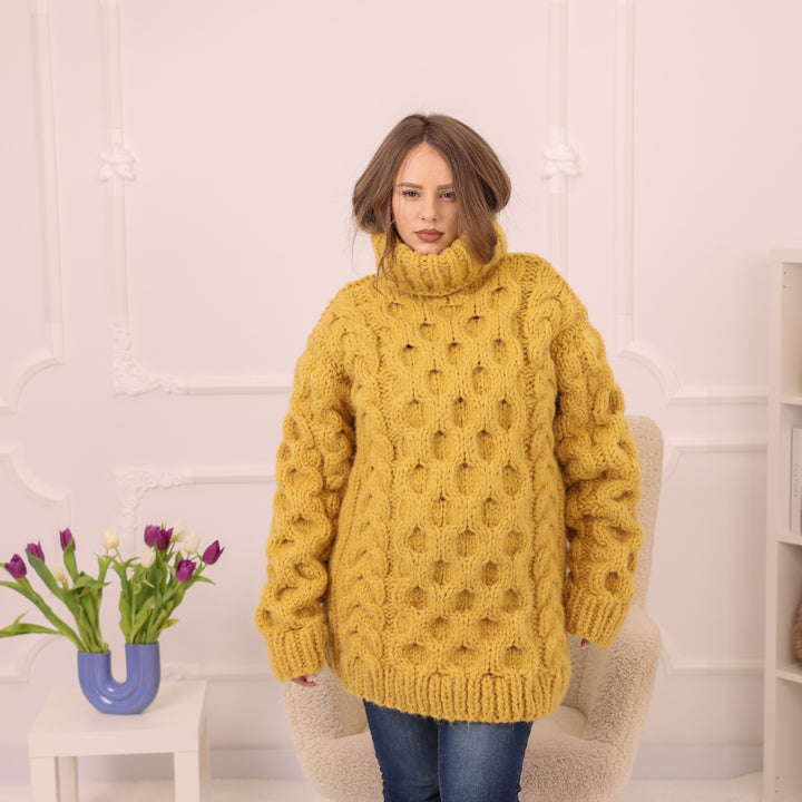 One available in size 4XL, Yellow Alpaca Sweater, 18 Strand Honeycomb Cable Knit, Chunky Hand Knitted Turtleneck T2227