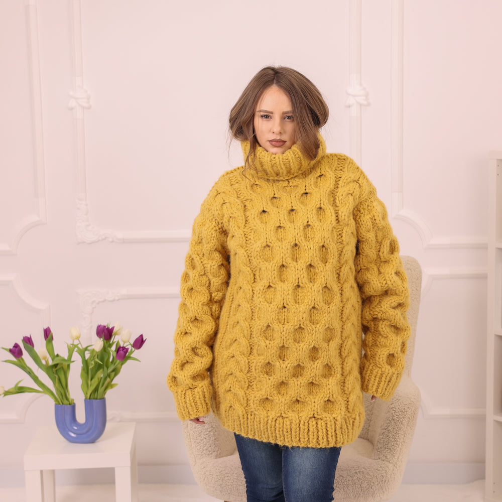 Yellow Alpaca Sweater, 18 Strand Honeycomb Cable Knit, Chunky Hand Knitted Turtleneck T2227