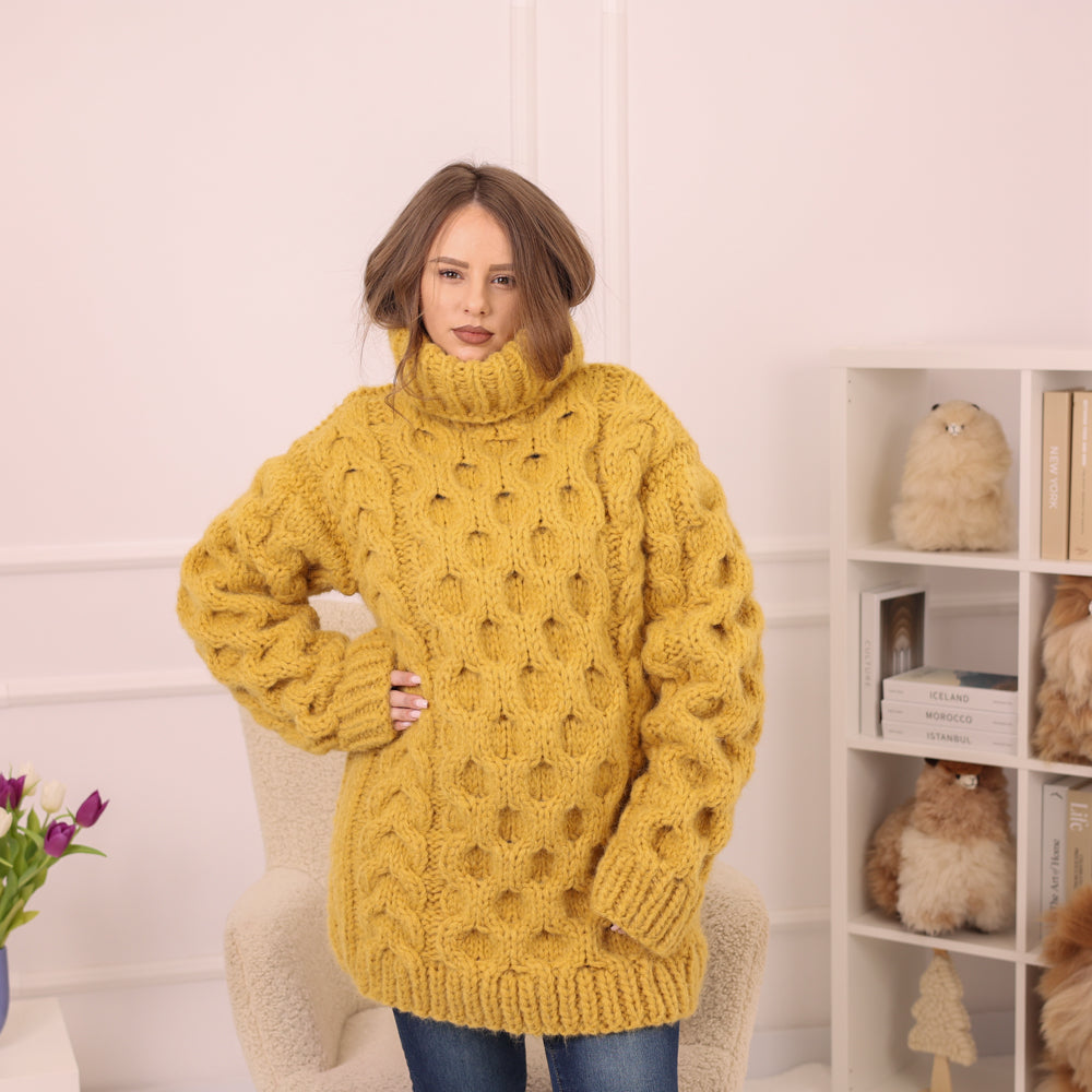 Yellow Alpaca Sweater, 18 Strand Honeycomb Cable Knit, Chunky Hand Knitted Turtleneck T2227