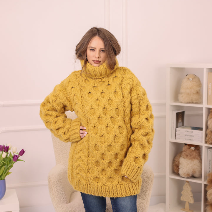 Yellow Alpaca Sweater, 18 Strand Honeycomb Cable Knit, Chunky Hand Knitted Turtleneck T2227