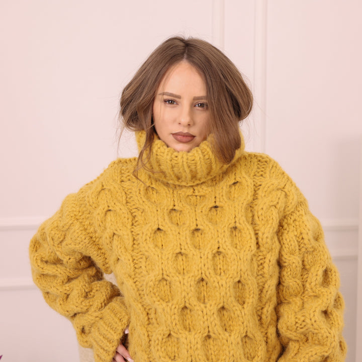 One available in size 4XL, Yellow Alpaca Sweater, 18 Strand Honeycomb Cable Knit, Chunky Hand Knitted Turtleneck T2227