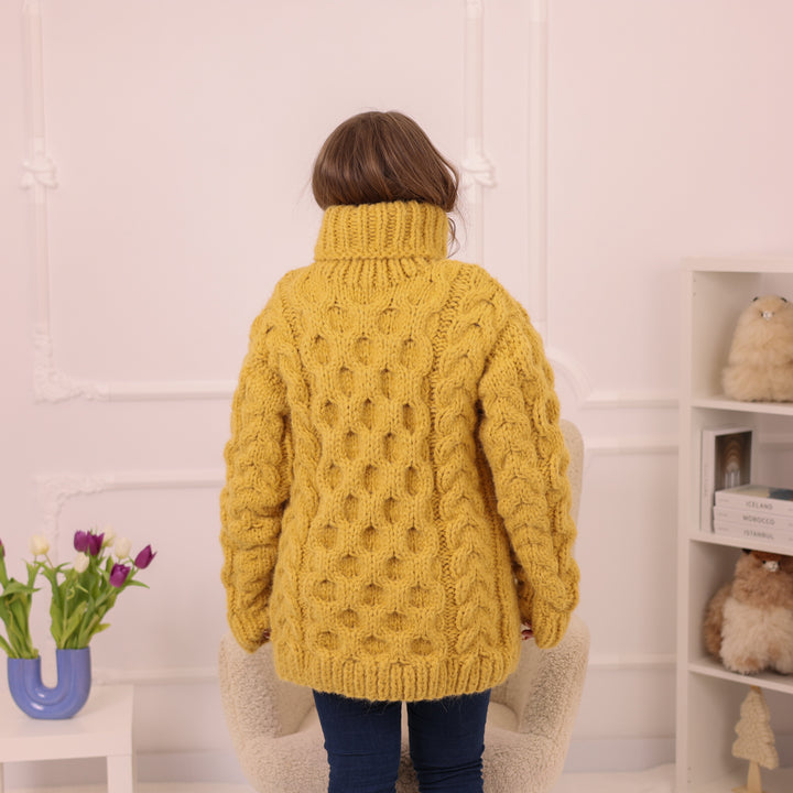 Yellow Alpaca Sweater, 18 Strand Honeycomb Cable Knit, Chunky Hand Knitted Turtleneck T2227