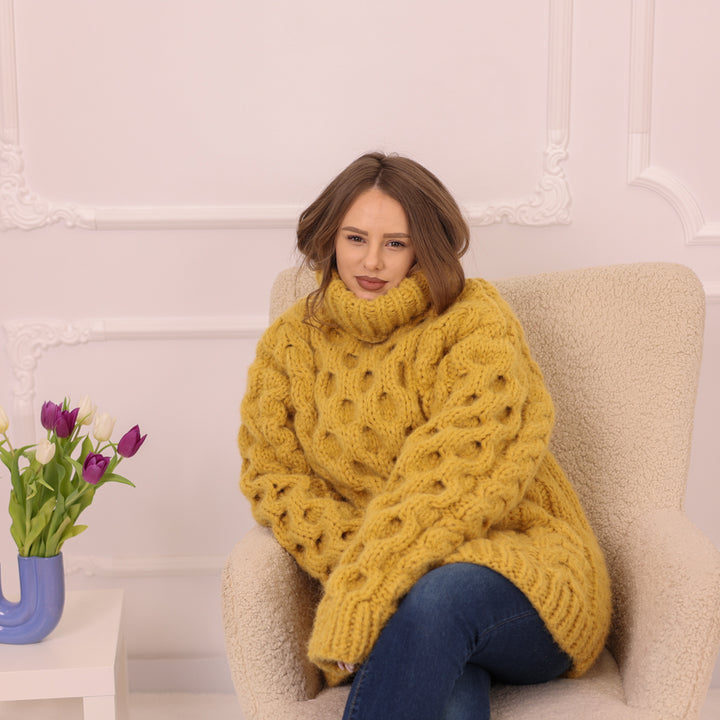 One available in size 4XL, Yellow Alpaca Sweater, 18 Strand Honeycomb Cable Knit, Chunky Hand Knitted Turtleneck T2227