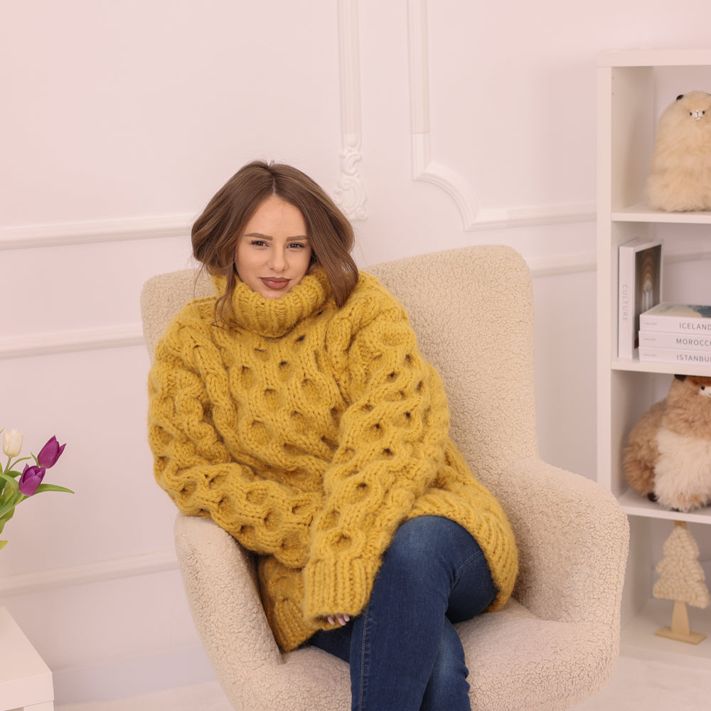 Yellow Alpaca Sweater, 18 Strand Honeycomb Cable Knit, Chunky Hand Knitted Turtleneck T2227