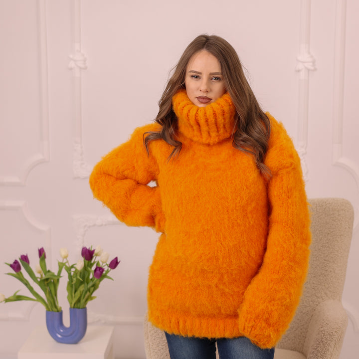 Orange Alpaca Sweater, Extra Chunky Fluffy Knit, Hand Knitted Turtleneck Pullover T2228