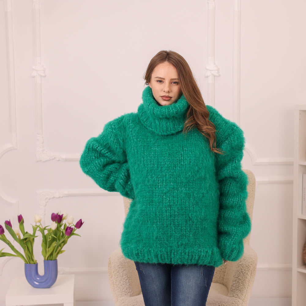 One available in size 5XL, Chunky Red Alpaca Sweater, 20-Strand Hand Knitted Turtleneck, Fluffy Warm Winter Pullover T1832 (Copy)