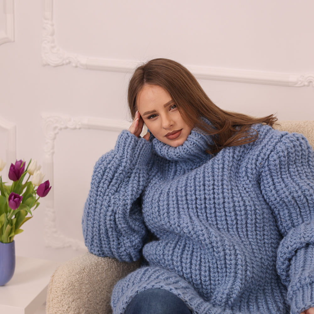 Wool Sweater, English Rib Knit, Chunky Hand Knitted Blue Turtleneck Warm Pullover T2234