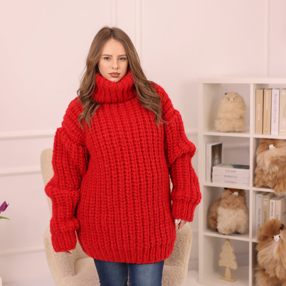 Red Alpaca Sweater, Chunky English Rib Knit, Hand Knitted Turtleneck Pullover T2230