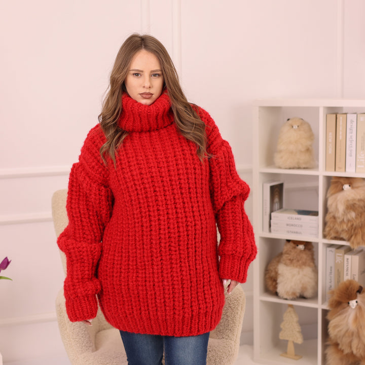 One available in size 5XL, Red Alpaca Sweater, Chunky English Rib Knit, Hand Knitted Turtleneck Pullover T2230