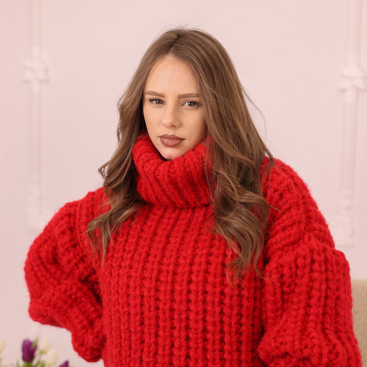 Red Alpaca Sweater, Chunky English Rib Knit, Hand Knitted Turtleneck Pullover T2230