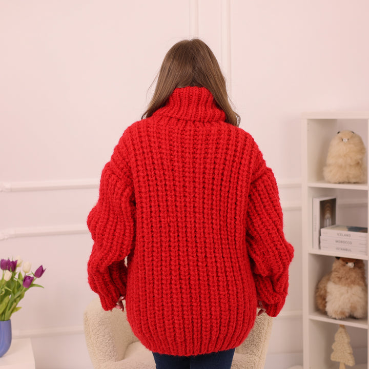 Red Alpaca Sweater, Chunky English Rib Knit, Hand Knitted Turtleneck Pullover T2230