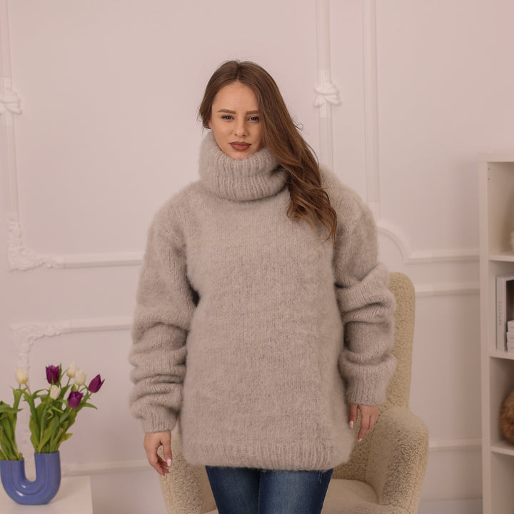 Beige Mohair Jumper, 8 Strand Brushed Knit, Hand Knitted Turtleneck Sweater, Soft Fluffy Texture T2225