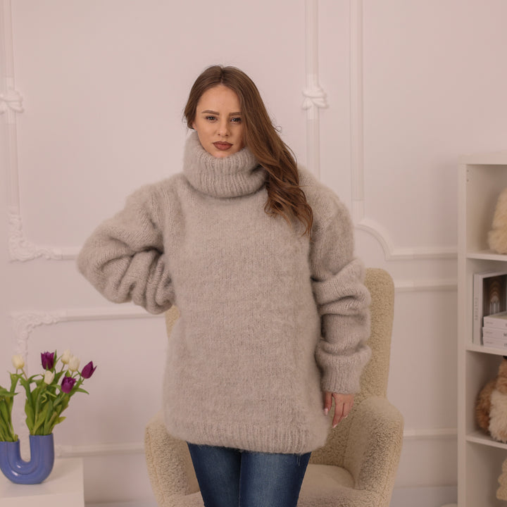 Beige Mohair Jumper, 8 Strand Brushed Knit, Hand Knitted Turtleneck Sweater, Soft Fluffy Texture T2225
