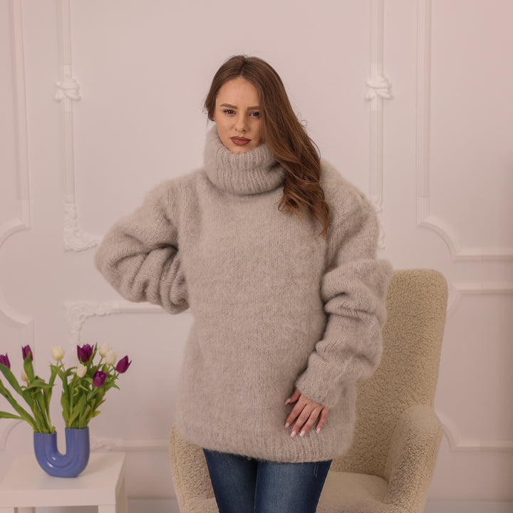 Beige Mohair Jumper, 8 Strand Brushed Knit, Hand Knitted Turtleneck Sweater, Soft Fluffy Texture T2225
