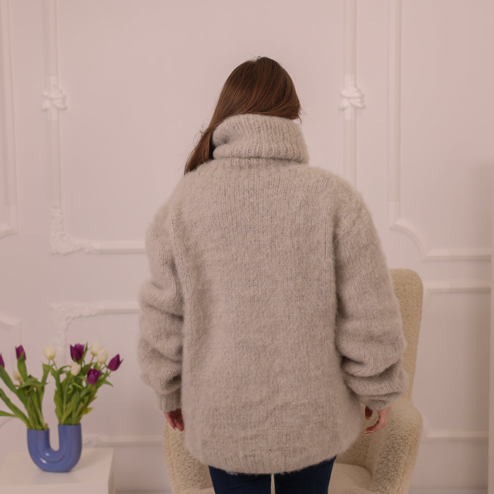 Beige Mohair Jumper, 8 Strand Brushed Knit, Hand Knitted Turtleneck Sweater, Soft Fluffy Texture T2225