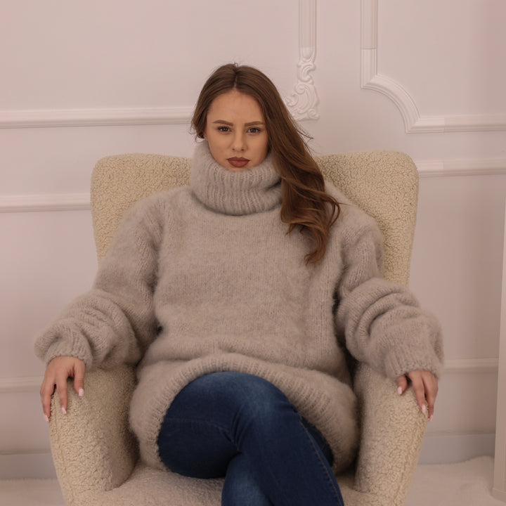 Beige Mohair Jumper, 8 Strand Brushed Knit, Hand Knitted Turtleneck Sweater, Soft Fluffy Texture T2225