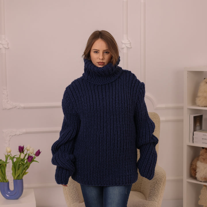 Wool Sweater, Chunky Ribbed Knit, Hand Knitted Blue Turtleneck Warm Pullover T2232