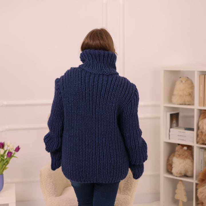 Wool Sweater, Chunky Ribbed Knit, Hand Knitted Blue Turtleneck Warm Pullover T2232