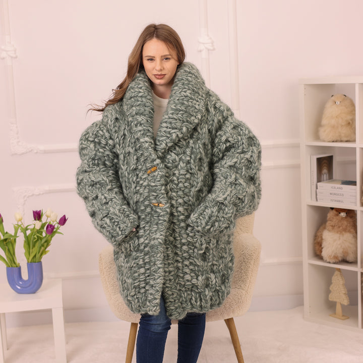 Chunky Cardigan, Wool Mohair Blend, Hand Knitted Green Melange Oversized Button Closure T2235