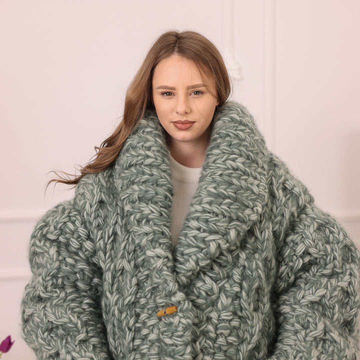 Chunky Cardigan, Wool Mohair Blend, Hand Knitted Green Melange Oversized Button Closure T2235