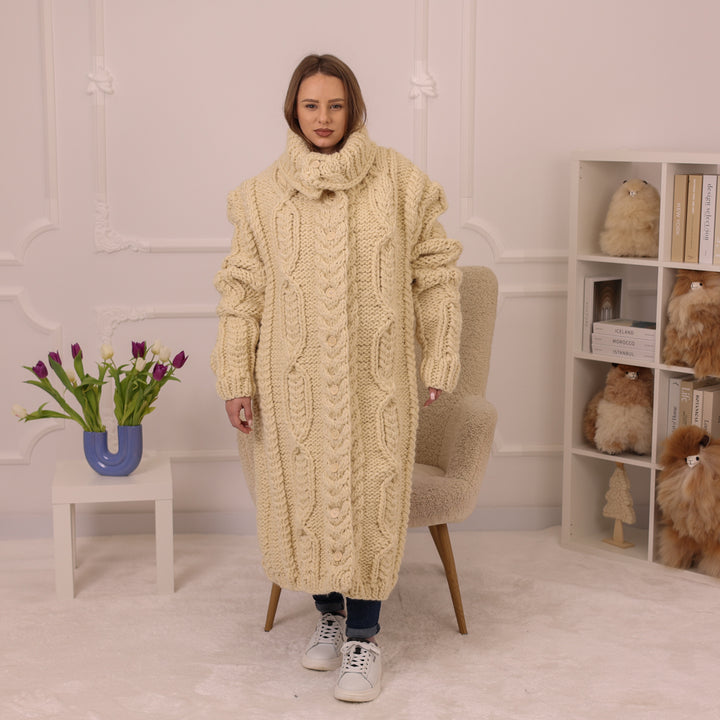 Wool Cardigan, Extra Long Cable Knit, Hand Knitted Cream Turtleneck Oversized Coat T2236