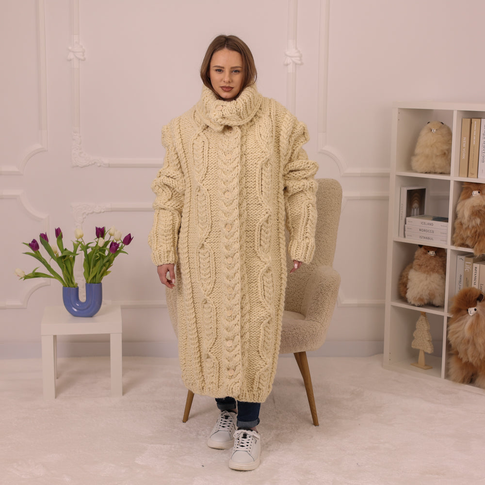 Tiffy Mohair Cream Wool Cable Maxi Cardigan T2236