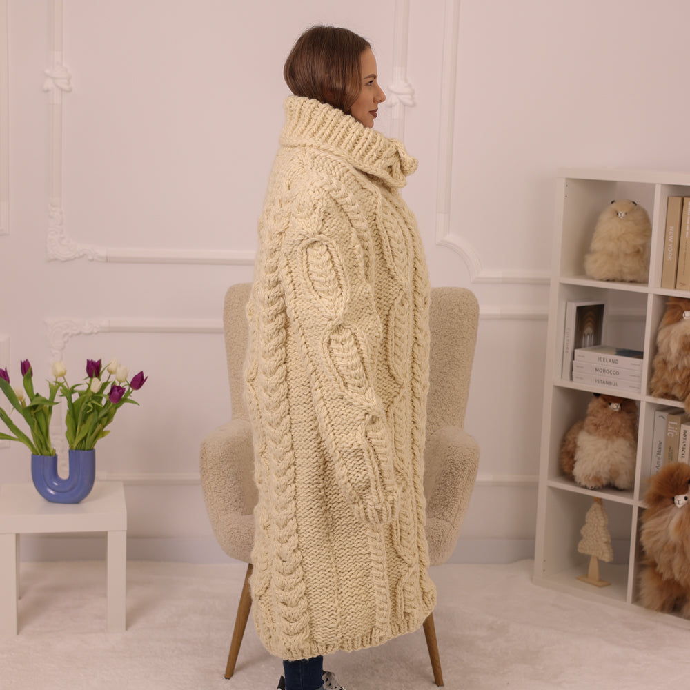Wool Cardigan, Extra Long Cable Knit, Hand Knitted Cream Turtleneck Oversized Coat T2236