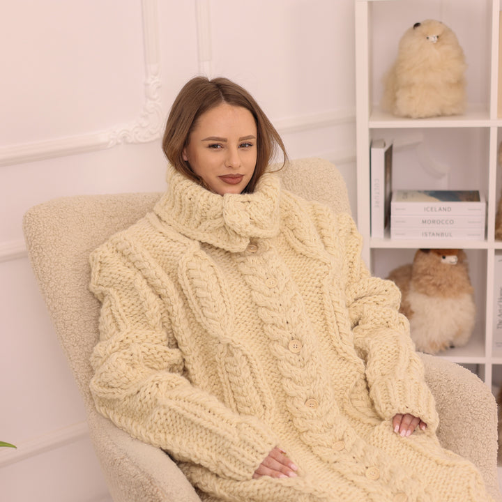 Wool Cardigan, Extra Long Cable Knit, Hand Knitted Cream Turtleneck Oversized Coat T2236